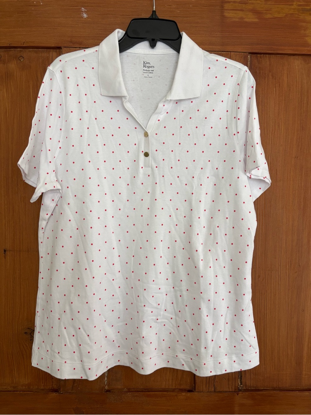 NWT Kim Rogers Perfectly Soft White Polo Red Polka Dot Top Size L